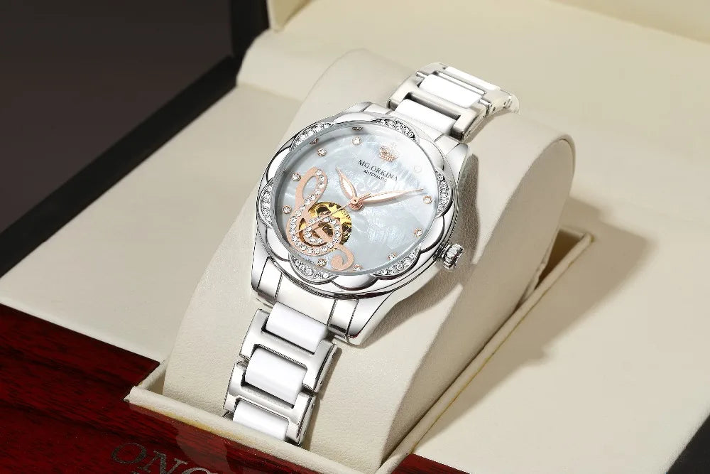 2025 New Designer Mechanical Watches Women Luxury Top Brand Ceramic Stainless Steel Diamond Music Ladies Automatic Wristwatches