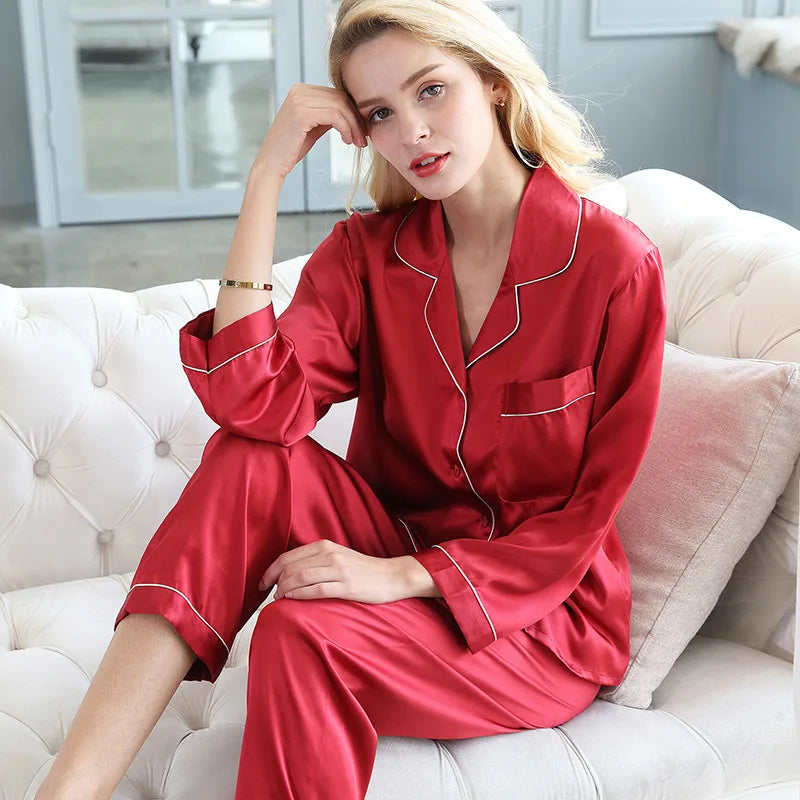 100% Mulberry Silk Pajamas Women Summer Winter Spring Long-sleeved Two-piece Couple Home Service Silk Pajamas For Lady