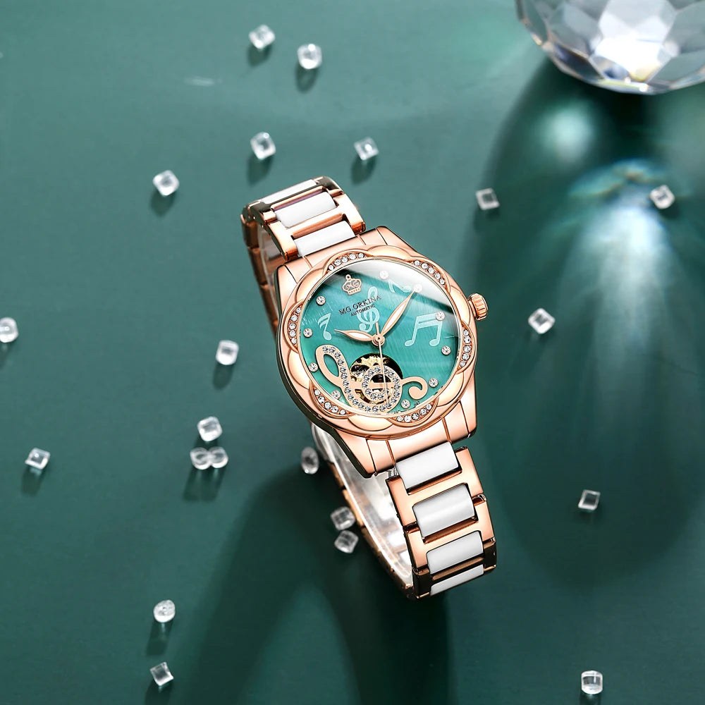 2025 New Designer Mechanical Watches Women Luxury Top Brand Ceramic Stainless Steel Diamond Music Ladies Automatic Wristwatches