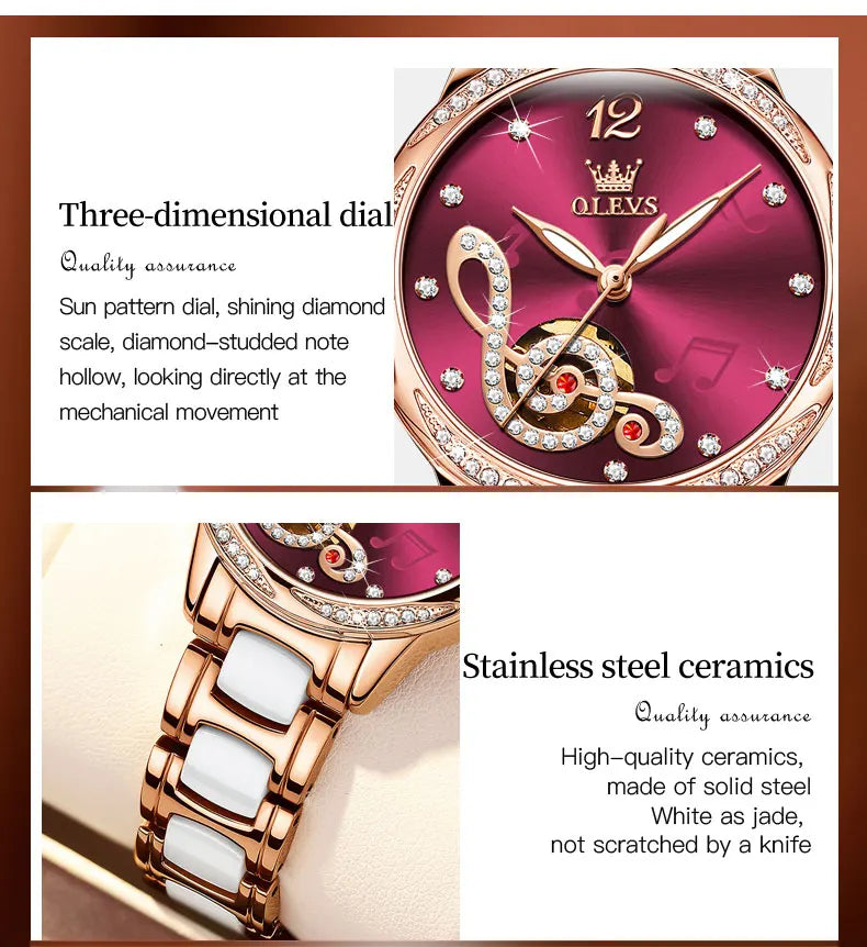 OLEVS Ceramic Diamond Women Watches Luxury Brand Musical Note Automatic Mechanical Watch Women Relogio Feminino Gift