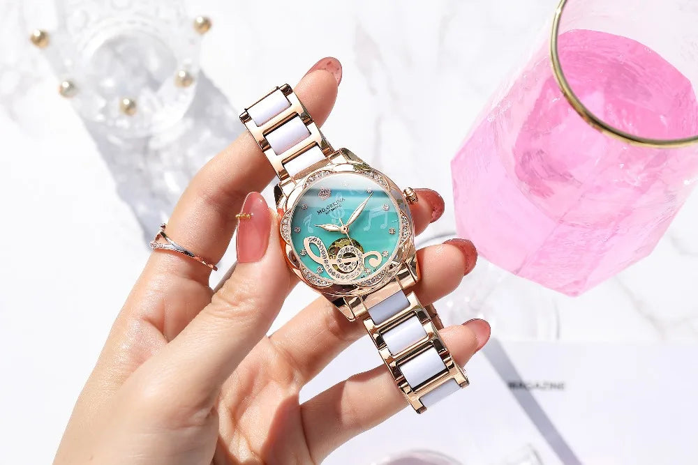 2025 New Designer Mechanical Watches Women Luxury Top Brand Ceramic Stainless Steel Diamond Music Ladies Automatic Wristwatches