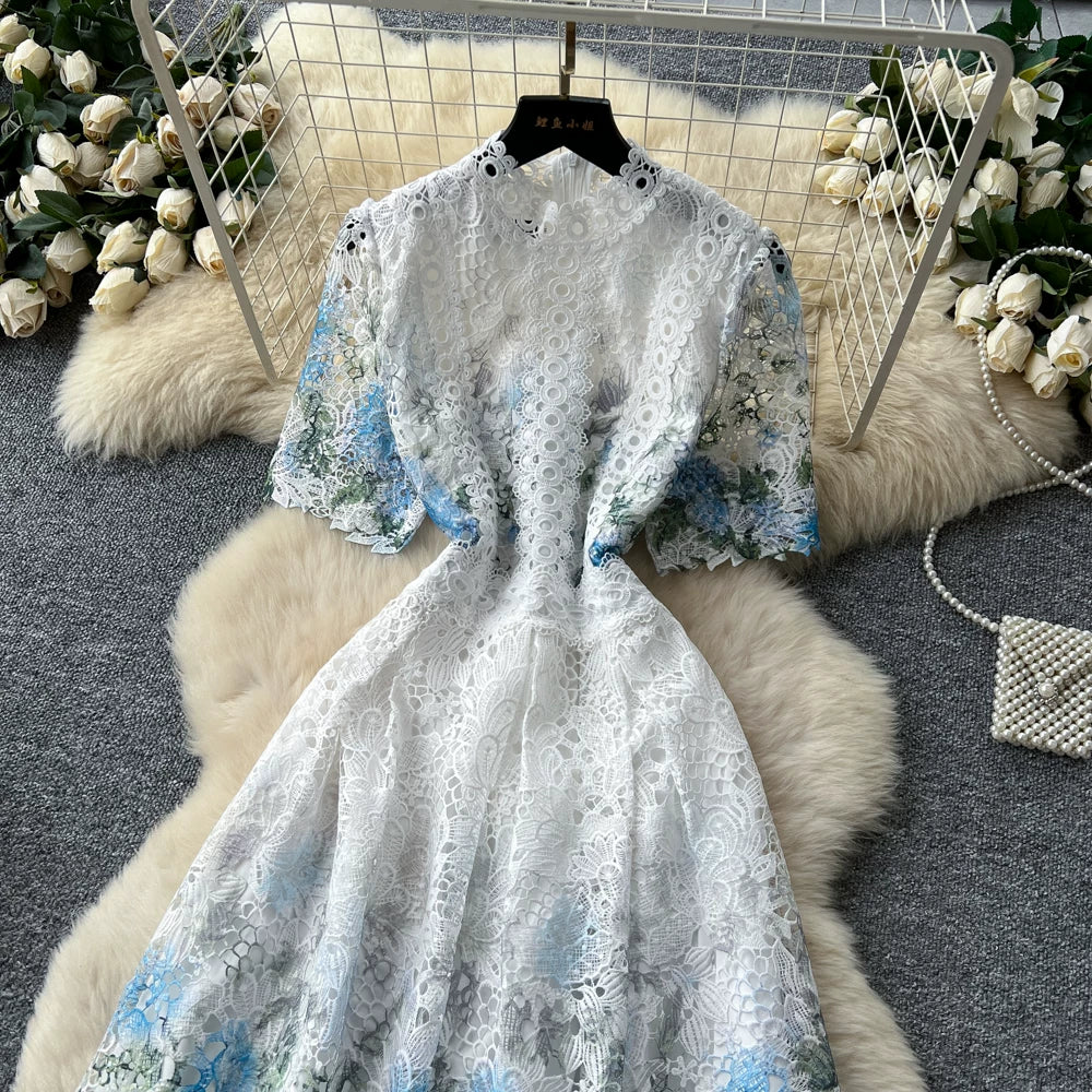 Designer Runway Summer White Flower Embroidery Evening Dress Women Short Sleeve Sexy Hollow Out Waist Long Vestidos Lace Dresses