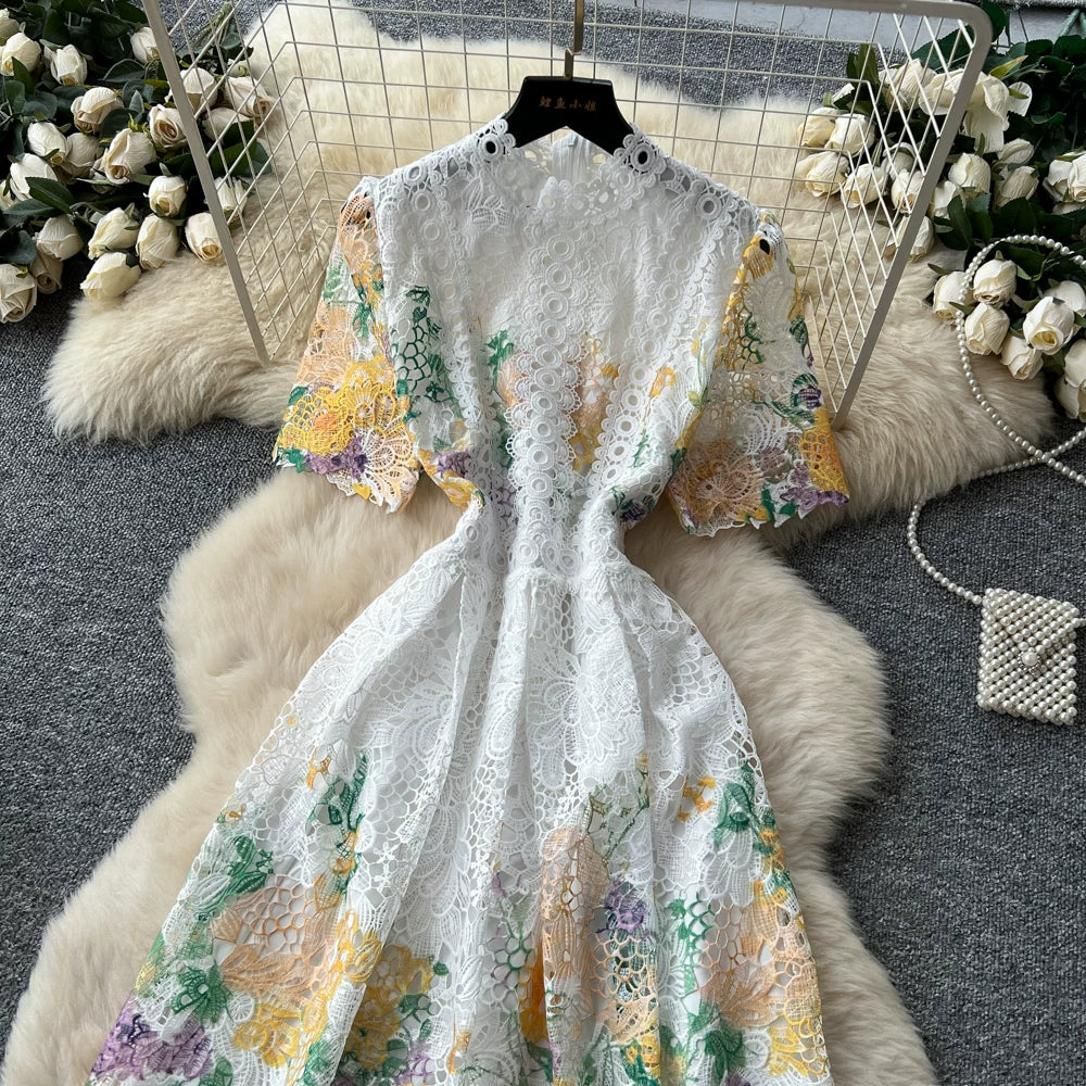 Designer Runway Summer White Flower Embroidery Evening Dress Women Short Sleeve Sexy Hollow Out Waist Long Vestidos Lace Dresses