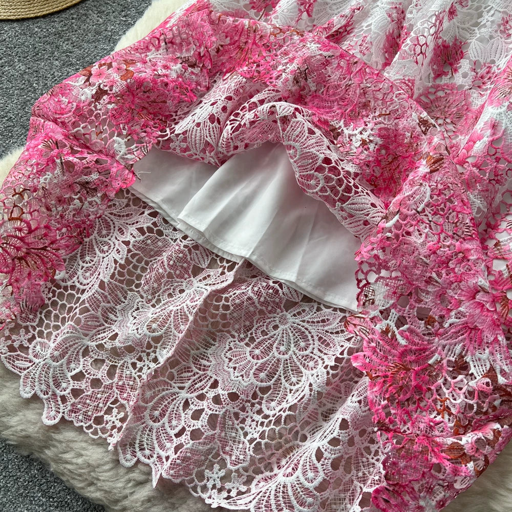 Designer Runway Summer White Flower Embroidery Evening Dress Women Short Sleeve Sexy Hollow Out Waist Long Vestidos Lace Dresses