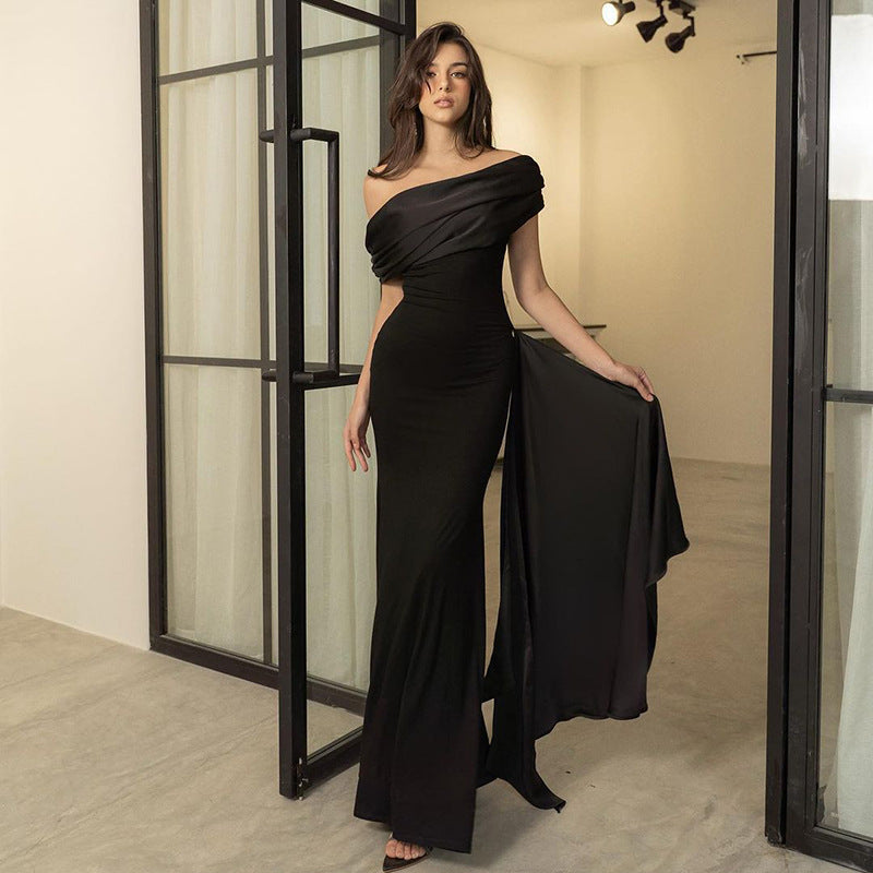 Intellectual and Elegant Satin Patchwork Asymmetrical Neck Off-Shoulder Strap Draped Waist Bodycon Evening Dress
