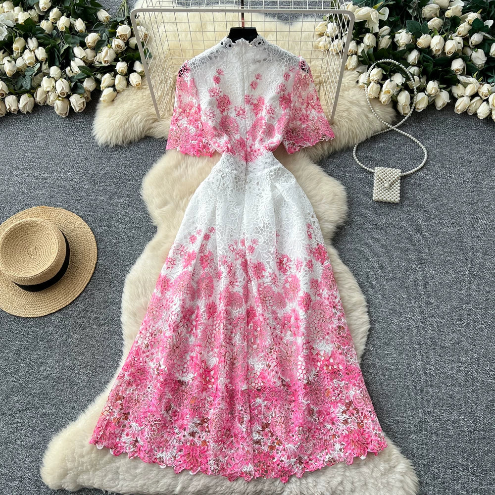 Designer Runway Summer White Flower Embroidery Evening Dress Women Short Sleeve Sexy Hollow Out Waist Long Vestidos Lace Dresses
