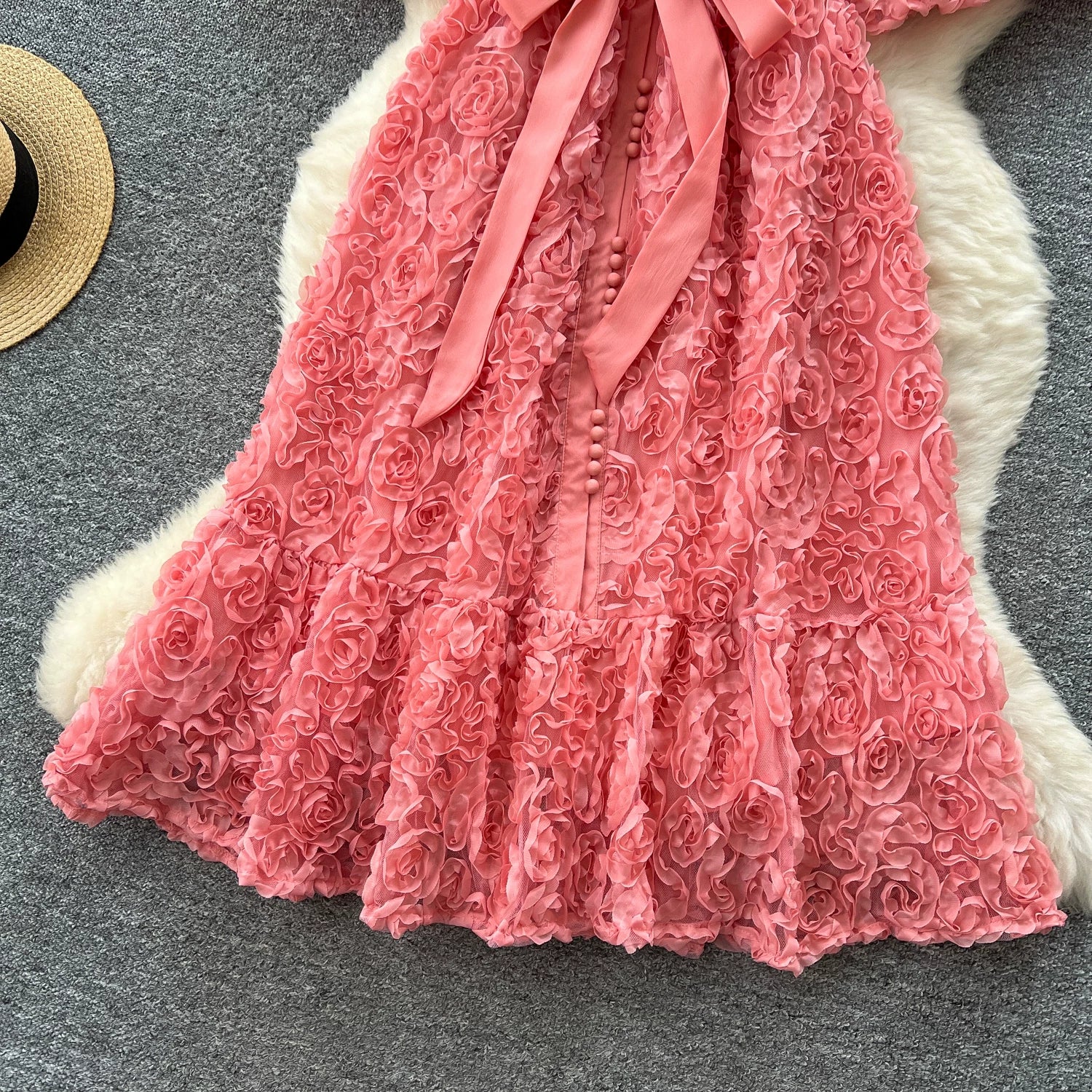 Luxury 3D Flower Formal Evening Dress Women Summer Single Breasted Loose Oversize Belt Lace Up Long Dresses Female Party Vestido