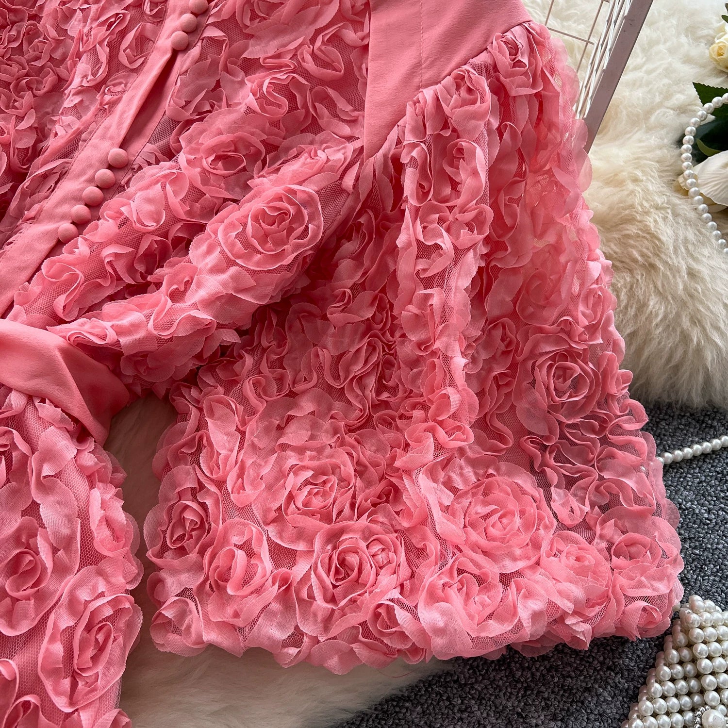 Luxury 3D Flower Formal Evening Dress Women Summer Single Breasted Loose Oversize Belt Lace Up Long Dresses Female Party Vestido