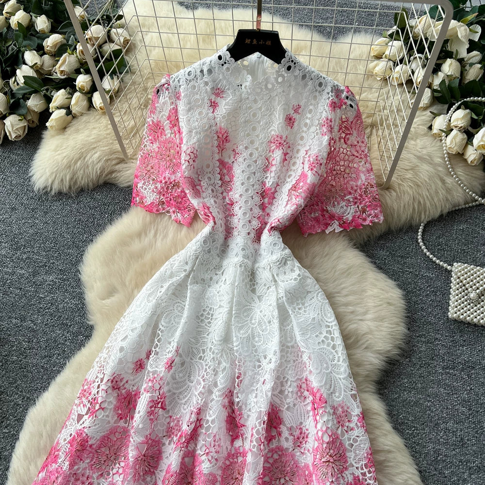 Designer Runway Summer White Flower Embroidery Evening Dress Women Short Sleeve Sexy Hollow Out Waist Long Vestidos Lace Dresses