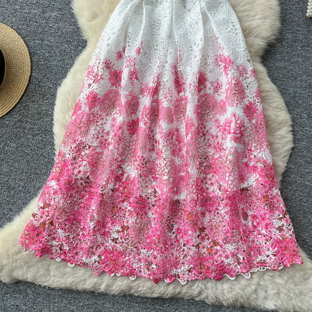 Designer Runway Summer White Flower Embroidery Evening Dress Women Short Sleeve Sexy Hollow Out Waist Long Vestidos Lace Dresses