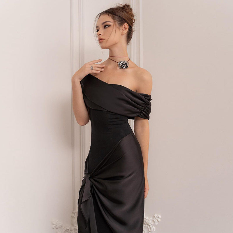 Intellectual and Elegant Satin Patchwork Asymmetrical Neck Off-Shoulder Strap Draped Waist Bodycon Evening Dress
