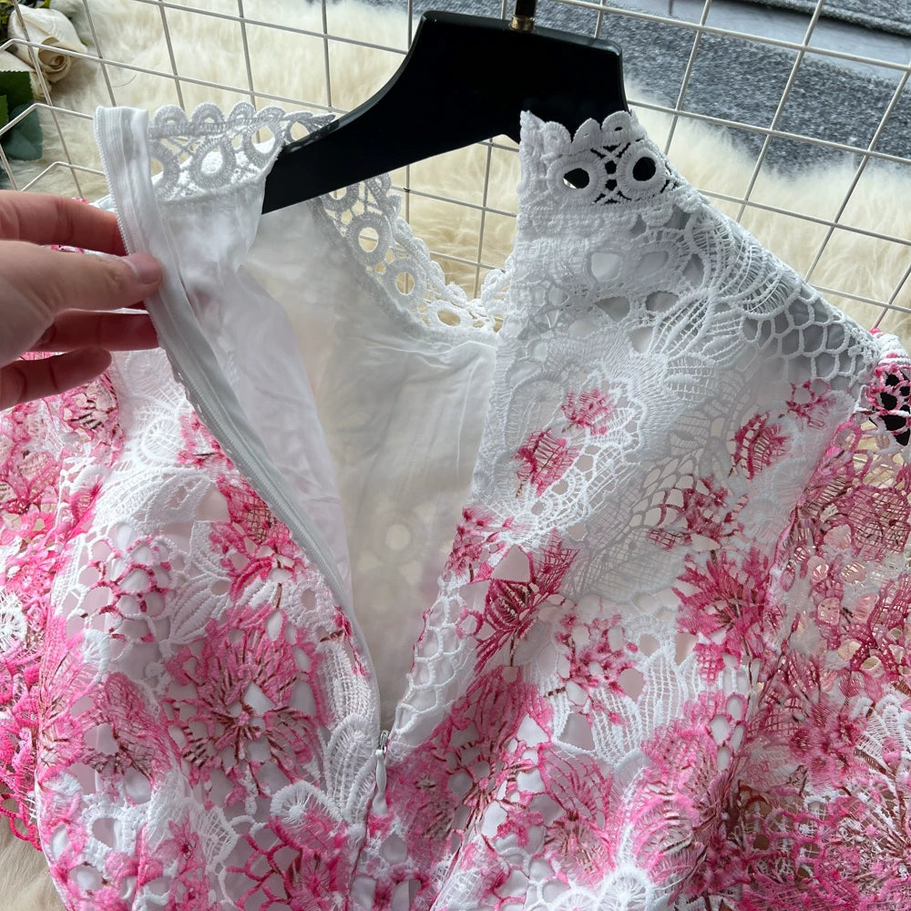 Designer Runway Summer White Flower Embroidery Evening Dress Women Short Sleeve Sexy Hollow Out Waist Long Vestidos Lace Dresses