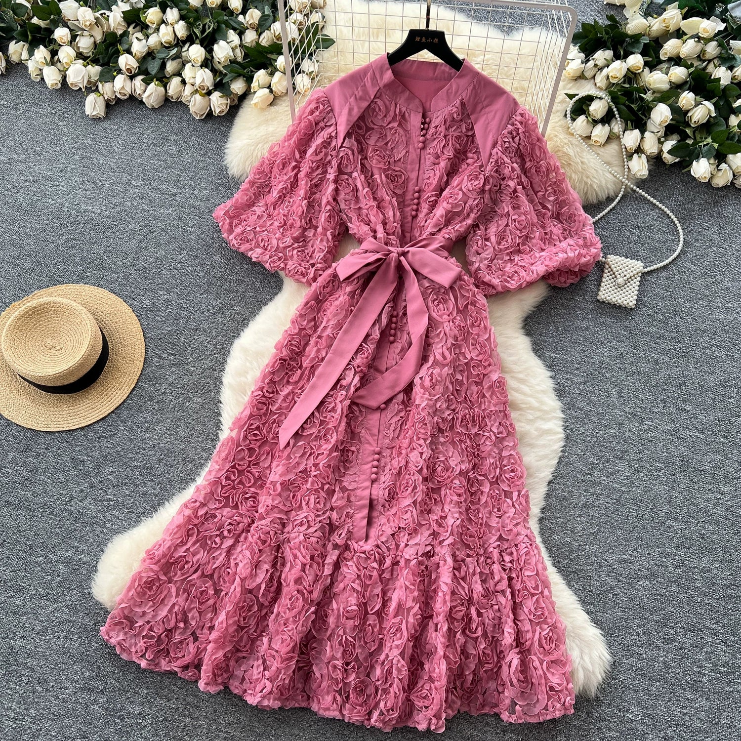 Luxury 3D Flower Formal Evening Dress Women Summer Single Breasted Loose Oversize Belt Lace Up Long Dresses Female Party Vestido