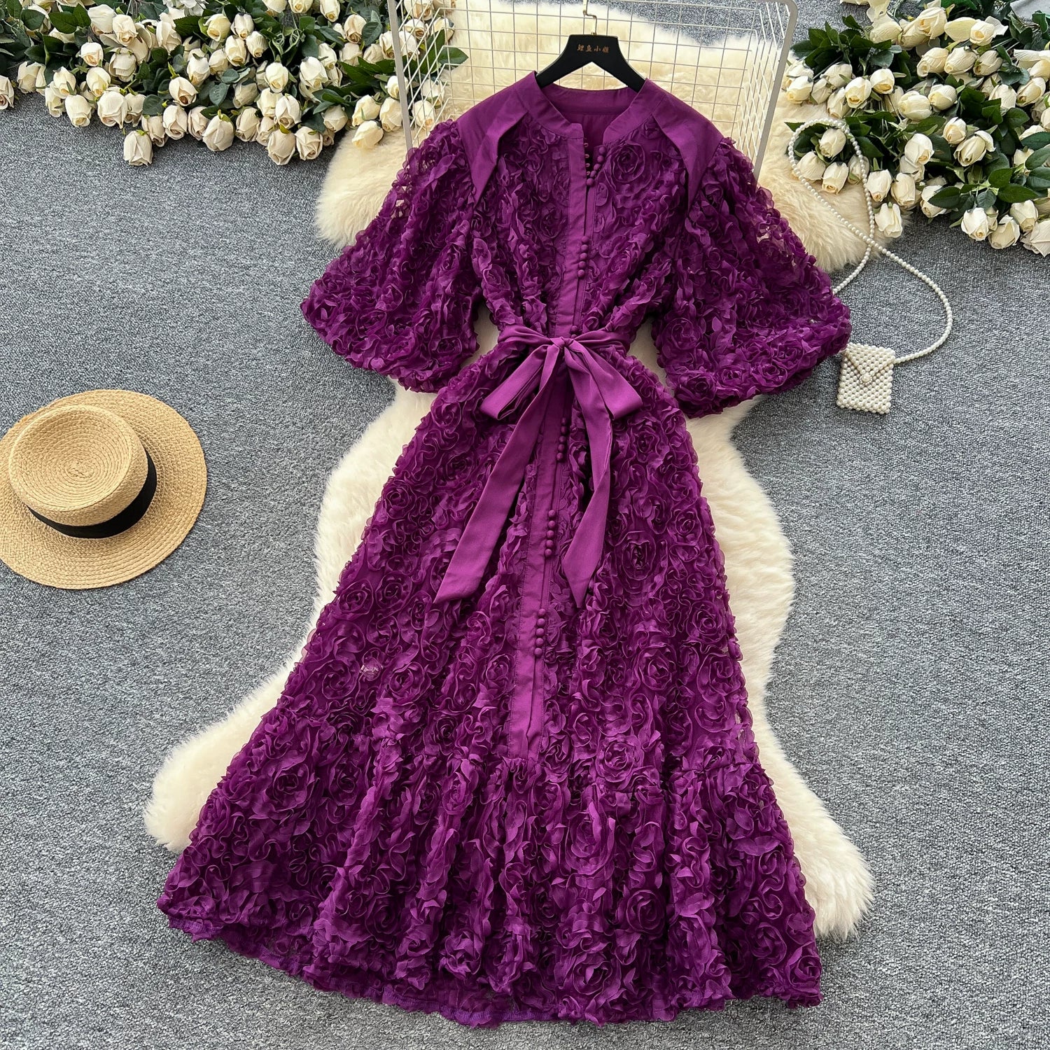 Luxury 3D Flower Formal Evening Dress Women Summer Single Breasted Loose Oversize Belt Lace Up Long Dresses Female Party Vestido