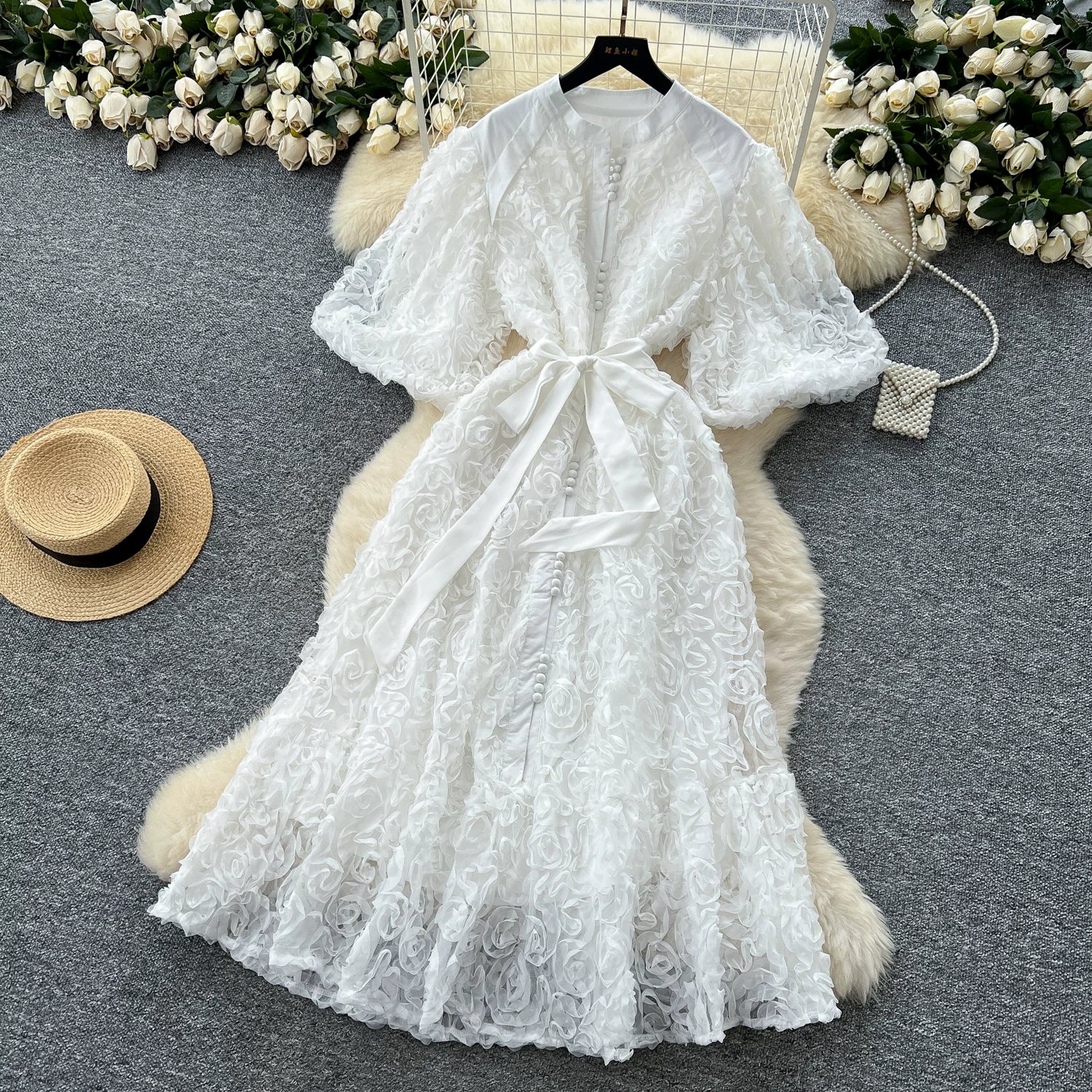 Luxury 3D Flower Formal Evening Dress Women Summer Single Breasted Loose Oversize Belt Lace Up Long Dresses Female Party Vestido