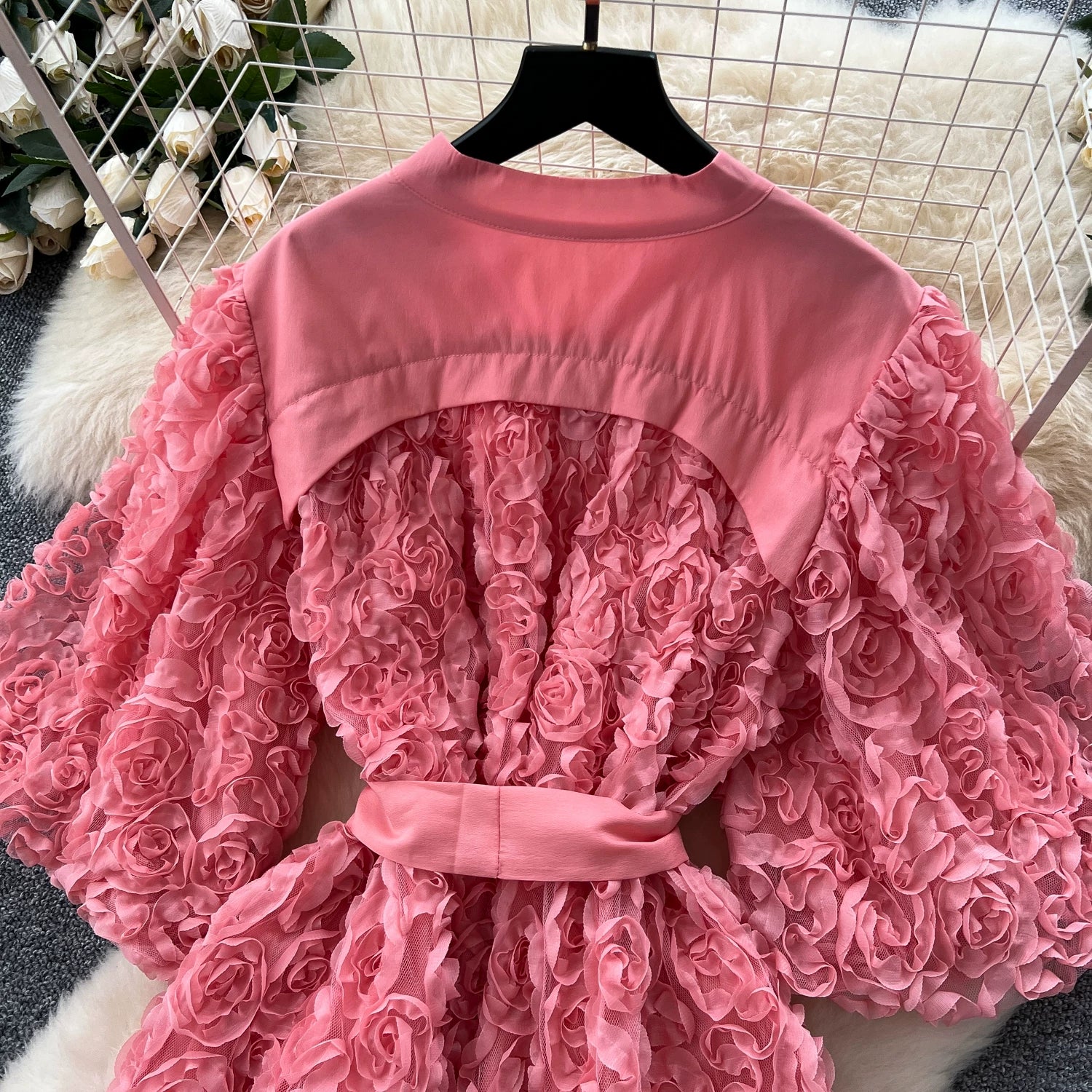 Luxury 3D Flower Formal Evening Dress Women Summer Single Breasted Loose Oversize Belt Lace Up Long Dresses Female Party Vestido