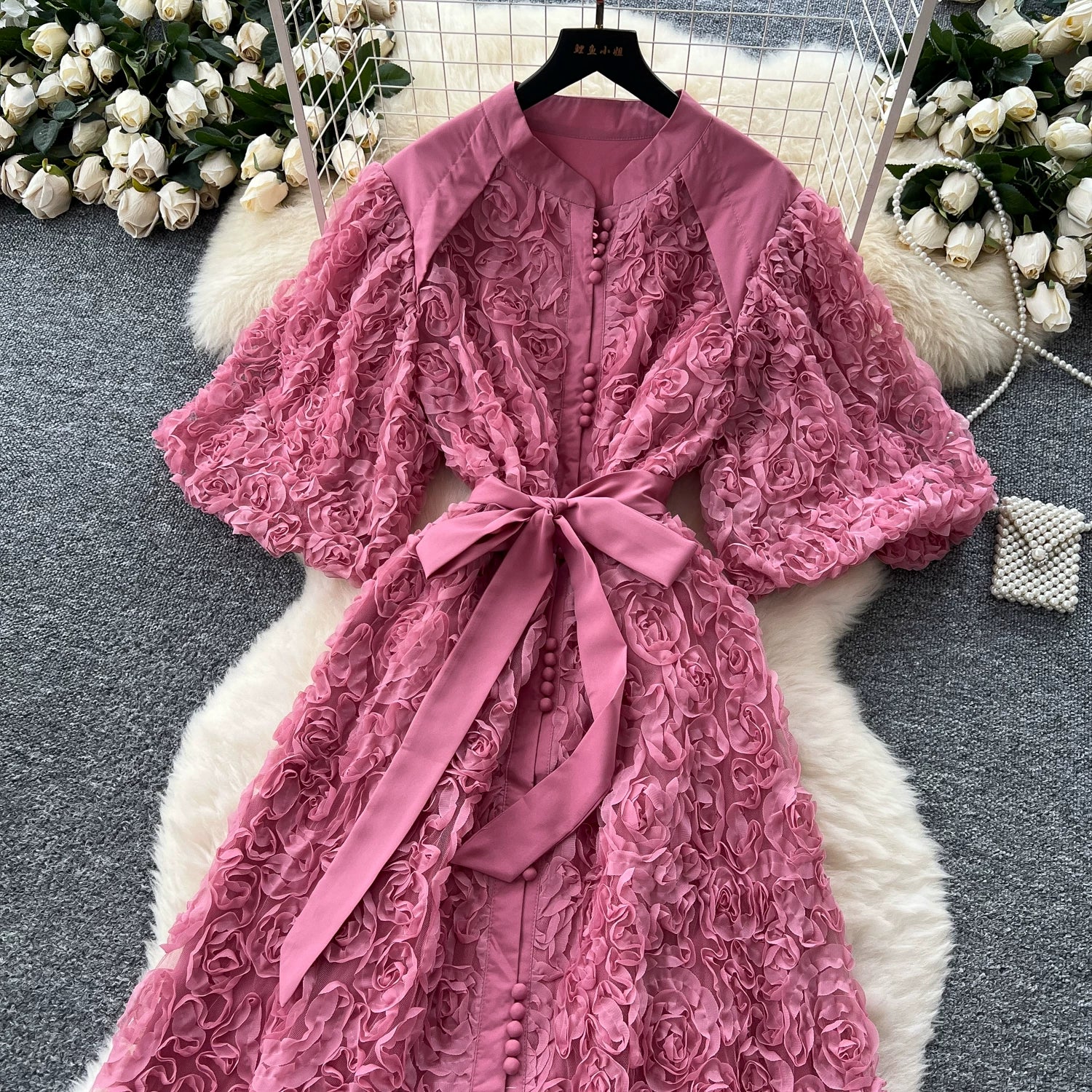 Luxury 3D Flower Formal Evening Dress Women Summer Single Breasted Loose Oversize Belt Lace Up Long Dresses Female Party Vestido