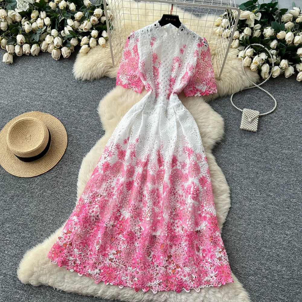 Designer Runway Summer White Flower Embroidery Evening Dress Women Short Sleeve Sexy Hollow Out Waist Long Vestidos Lace Dresses