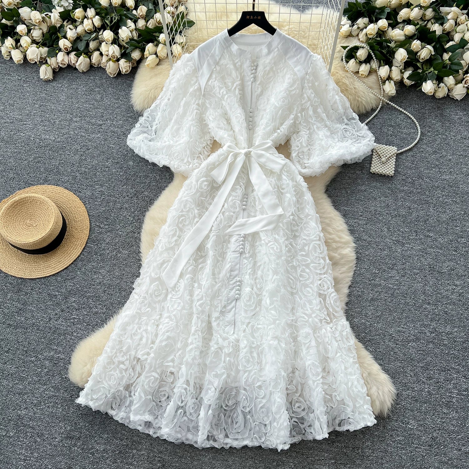 Luxury 3D Flower Formal Evening Dress Women Summer Single Breasted Loose Oversize Belt Lace Up Long Dresses Female Party Vestido