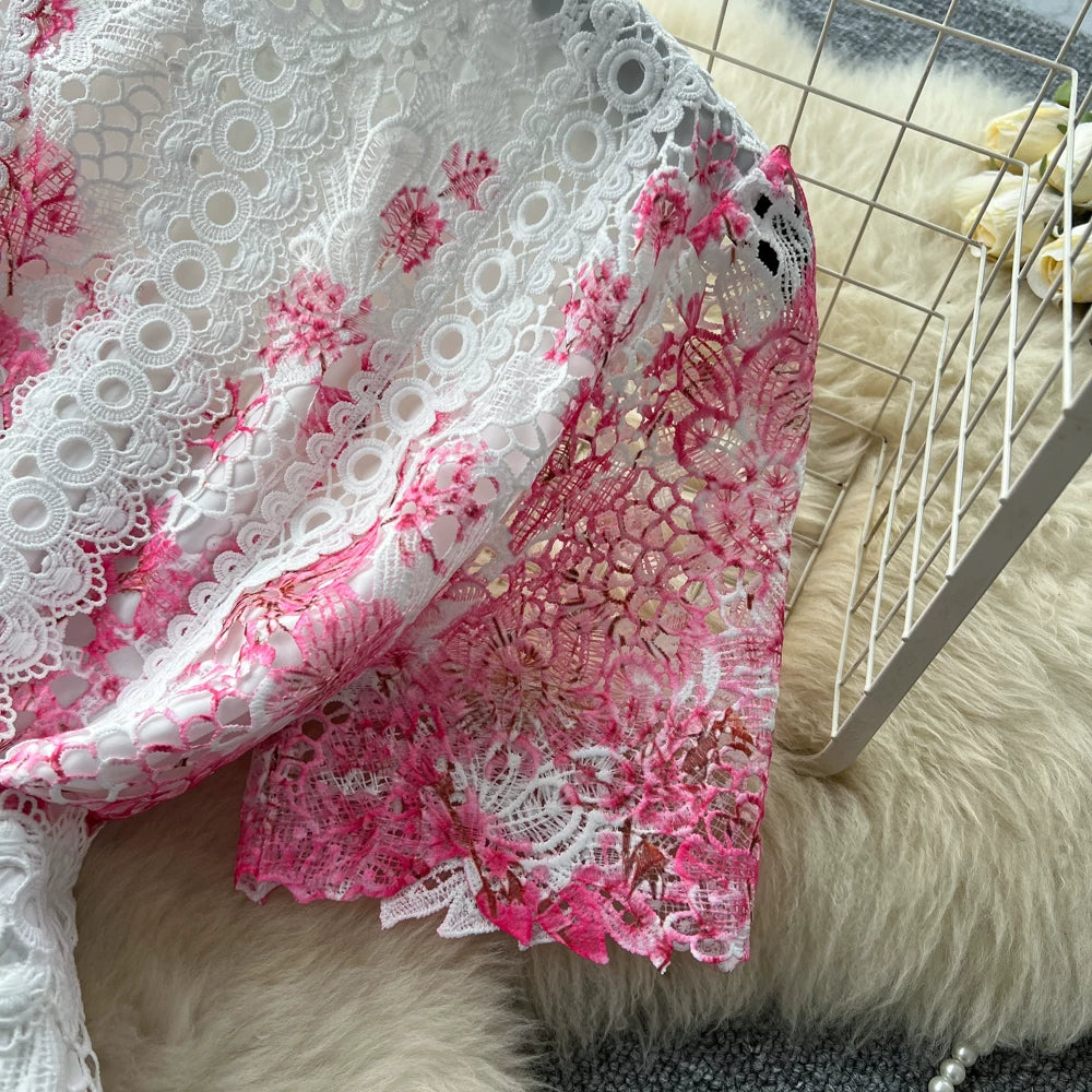 Designer Runway Summer White Flower Embroidery Evening Dress Women Short Sleeve Sexy Hollow Out Waist Long Vestidos Lace Dresses