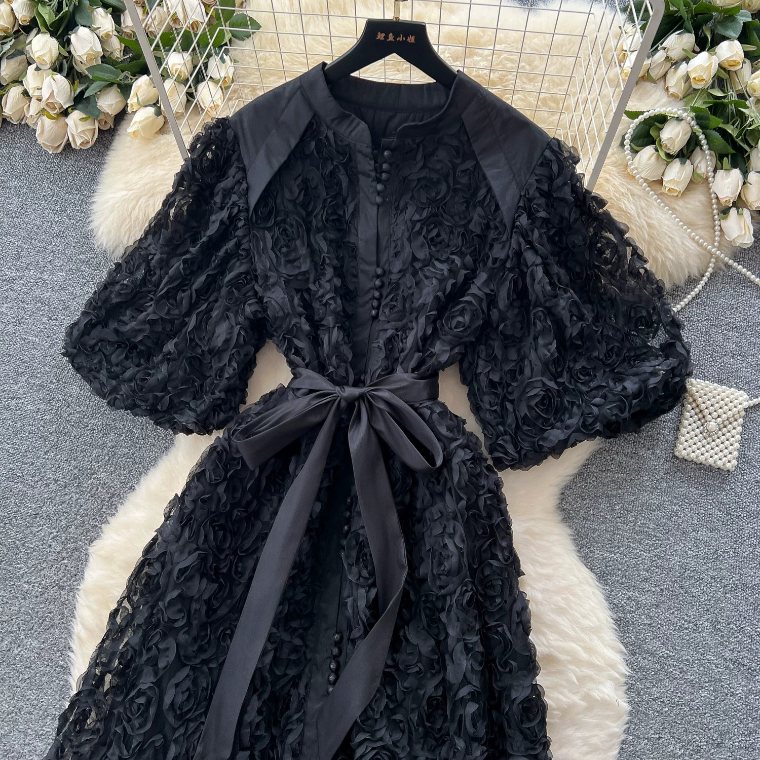 Luxury 3D Flower Formal Evening Dress Women Summer Single Breasted Loose Oversize Belt Lace Up Long Dresses Female Party Vestido
