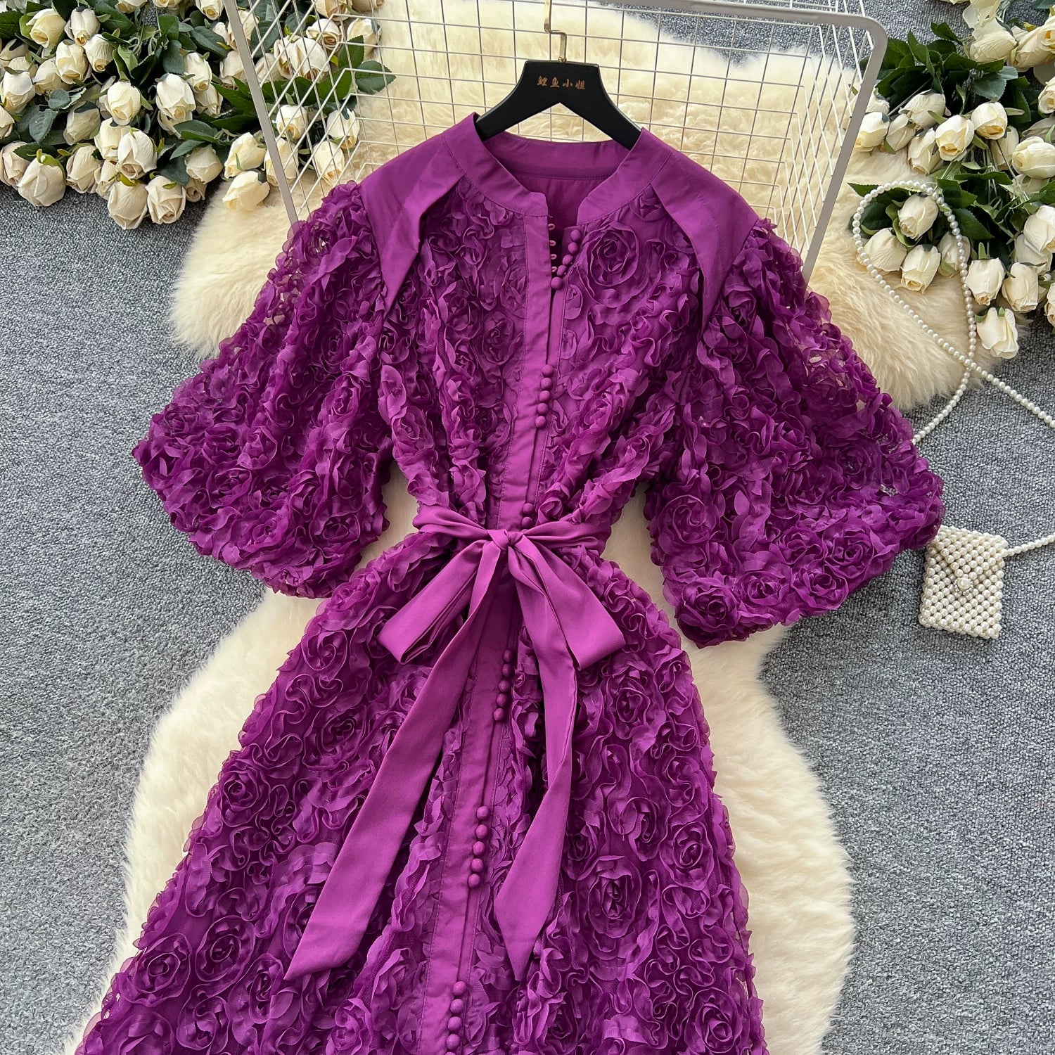Luxury 3D Flower Formal Evening Dress Women Summer Single Breasted Loose Oversize Belt Lace Up Long Dresses Female Party Vestido