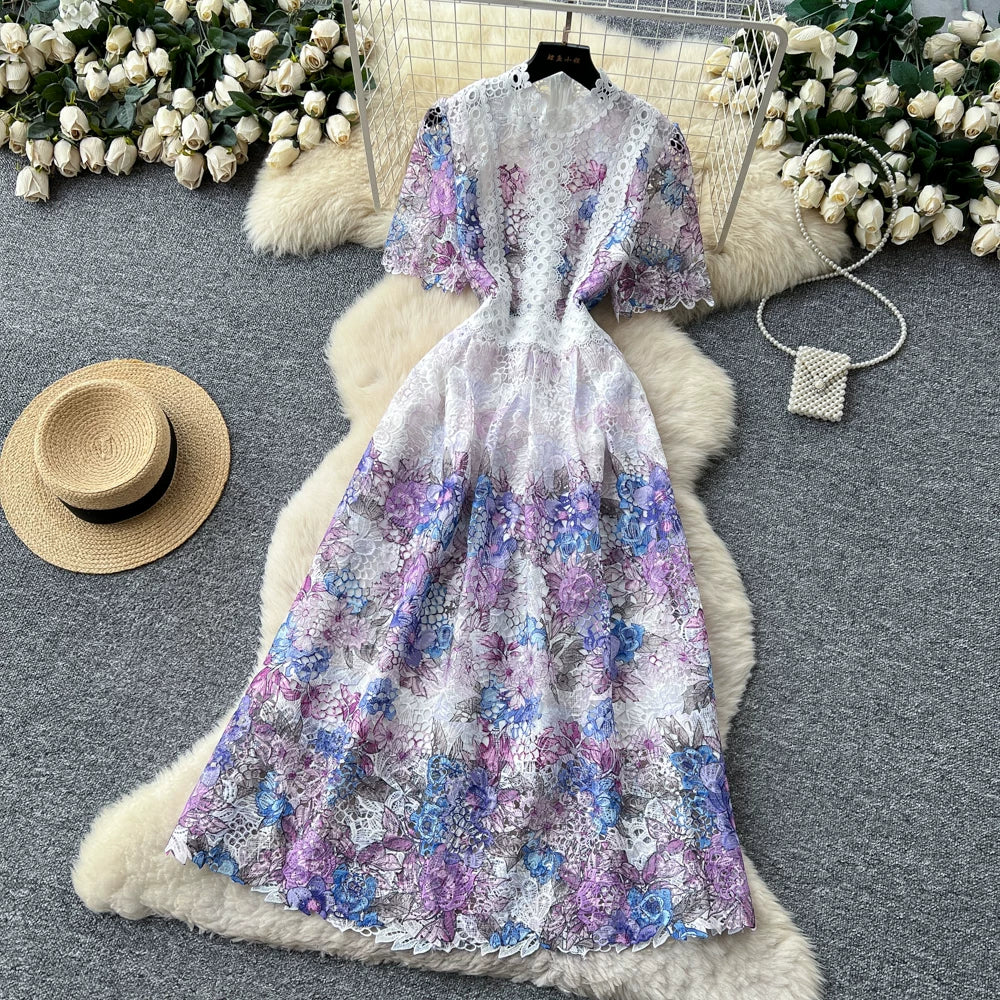 Designer Runway Summer White Flower Embroidery Evening Dress Women Short Sleeve Sexy Hollow Out Waist Long Vestidos Lace Dresses