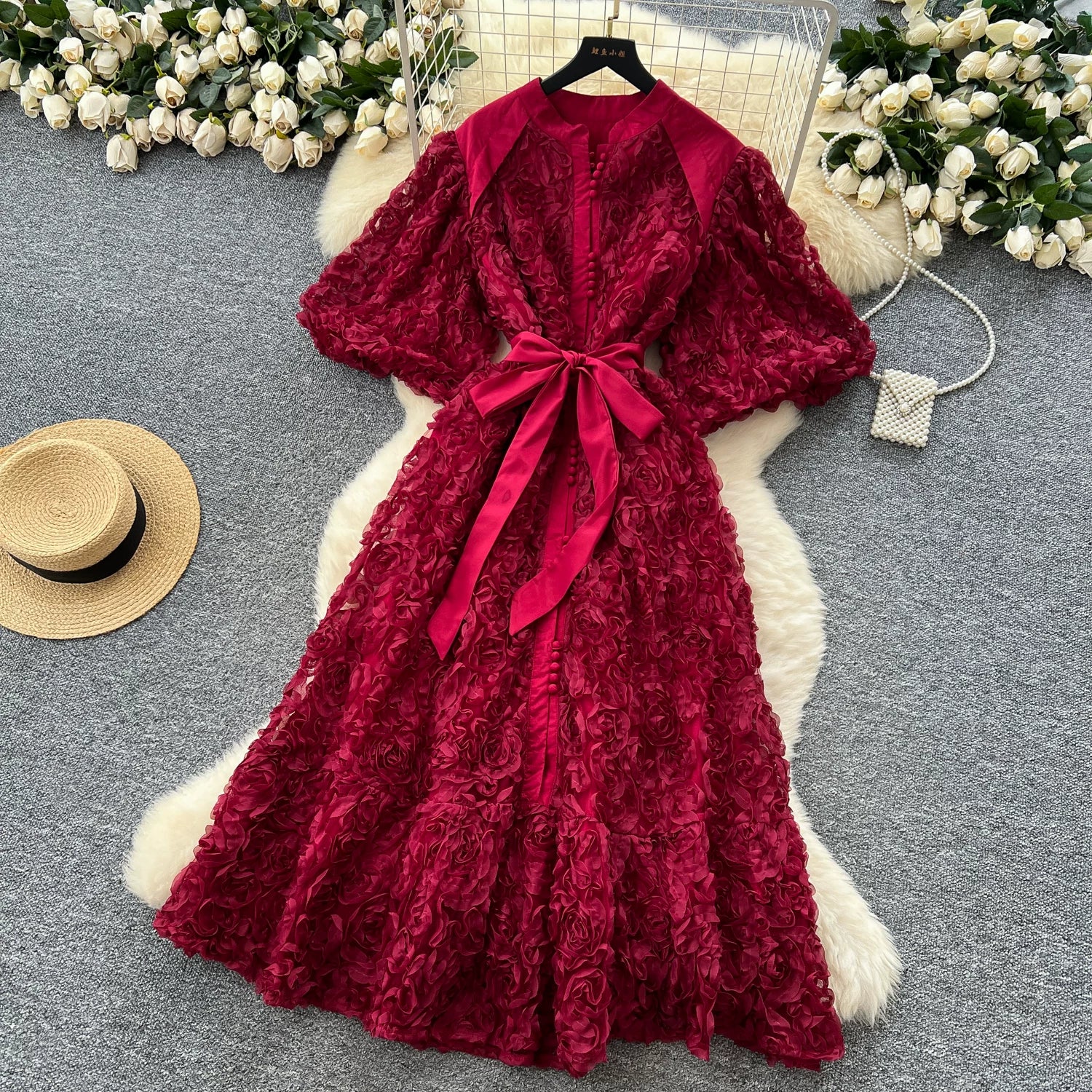 Luxury 3D Flower Formal Evening Dress Women Summer Single Breasted Loose Oversize Belt Lace Up Long Dresses Female Party Vestido