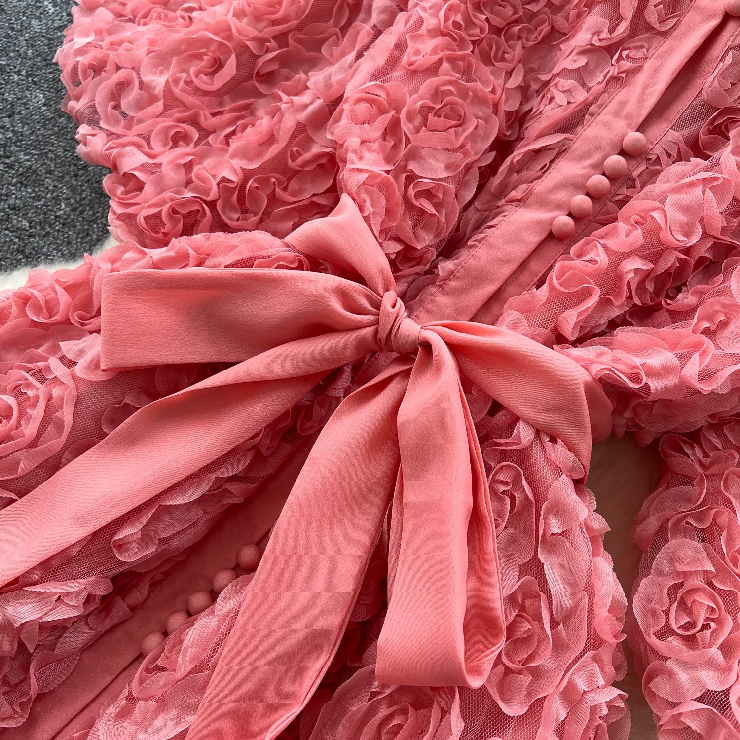 Luxury 3D Flower Formal Evening Dress Women Summer Single Breasted Loose Oversize Belt Lace Up Long Dresses Female Party Vestido
