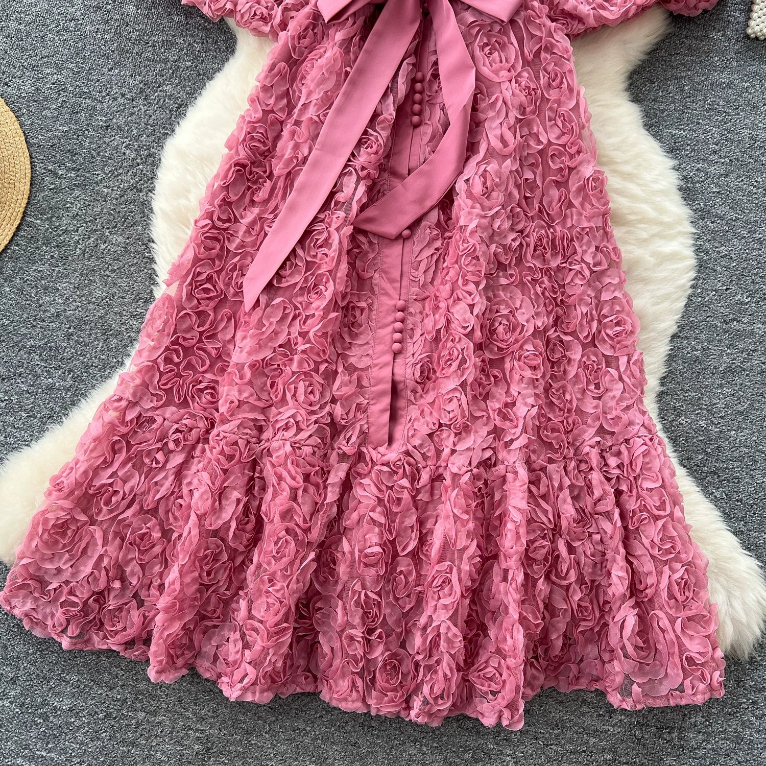 Luxury 3D Flower Formal Evening Dress Women Summer Single Breasted Loose Oversize Belt Lace Up Long Dresses Female Party Vestido