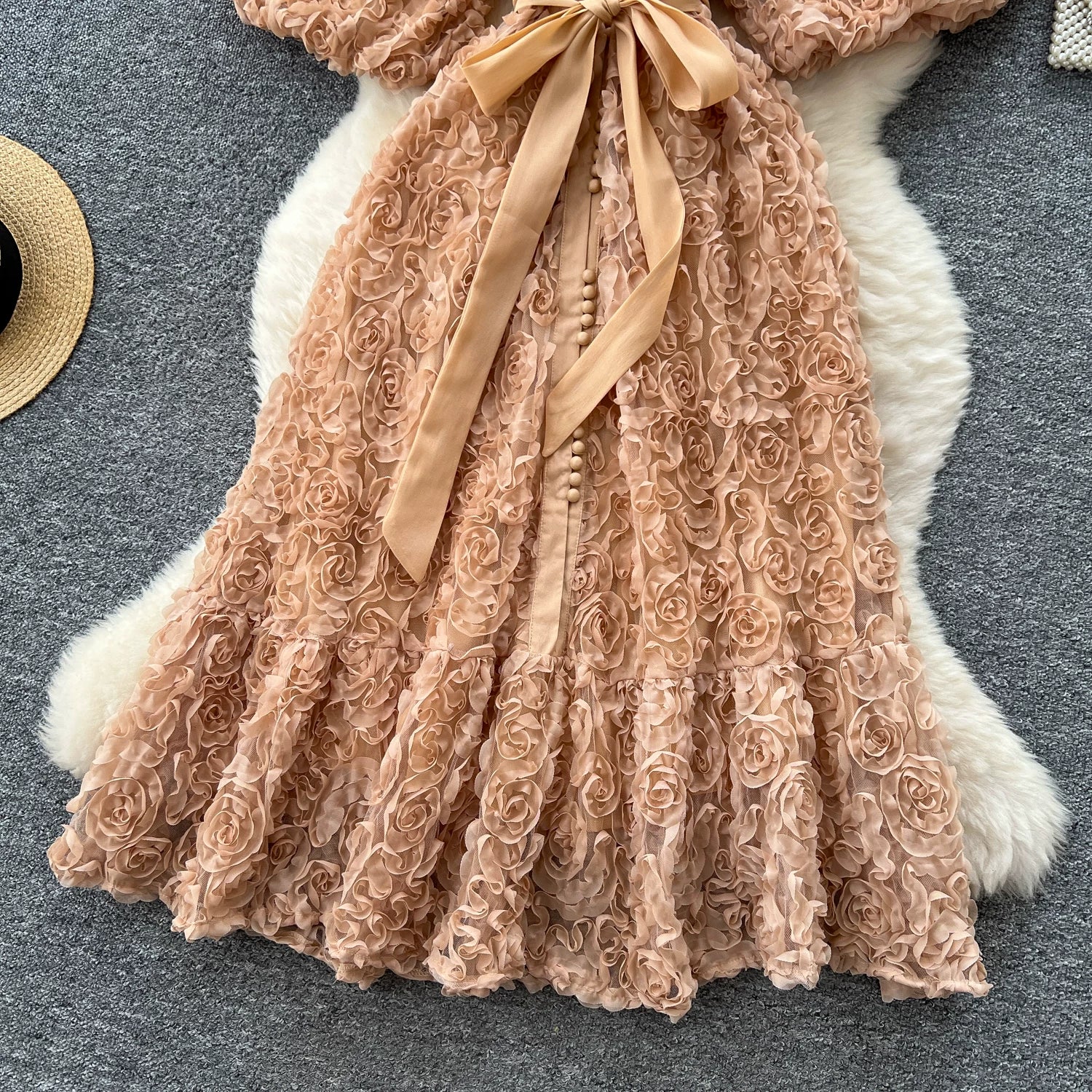 Luxury 3D Flower Formal Evening Dress Women Summer Single Breasted Loose Oversize Belt Lace Up Long Dresses Female Party Vestido