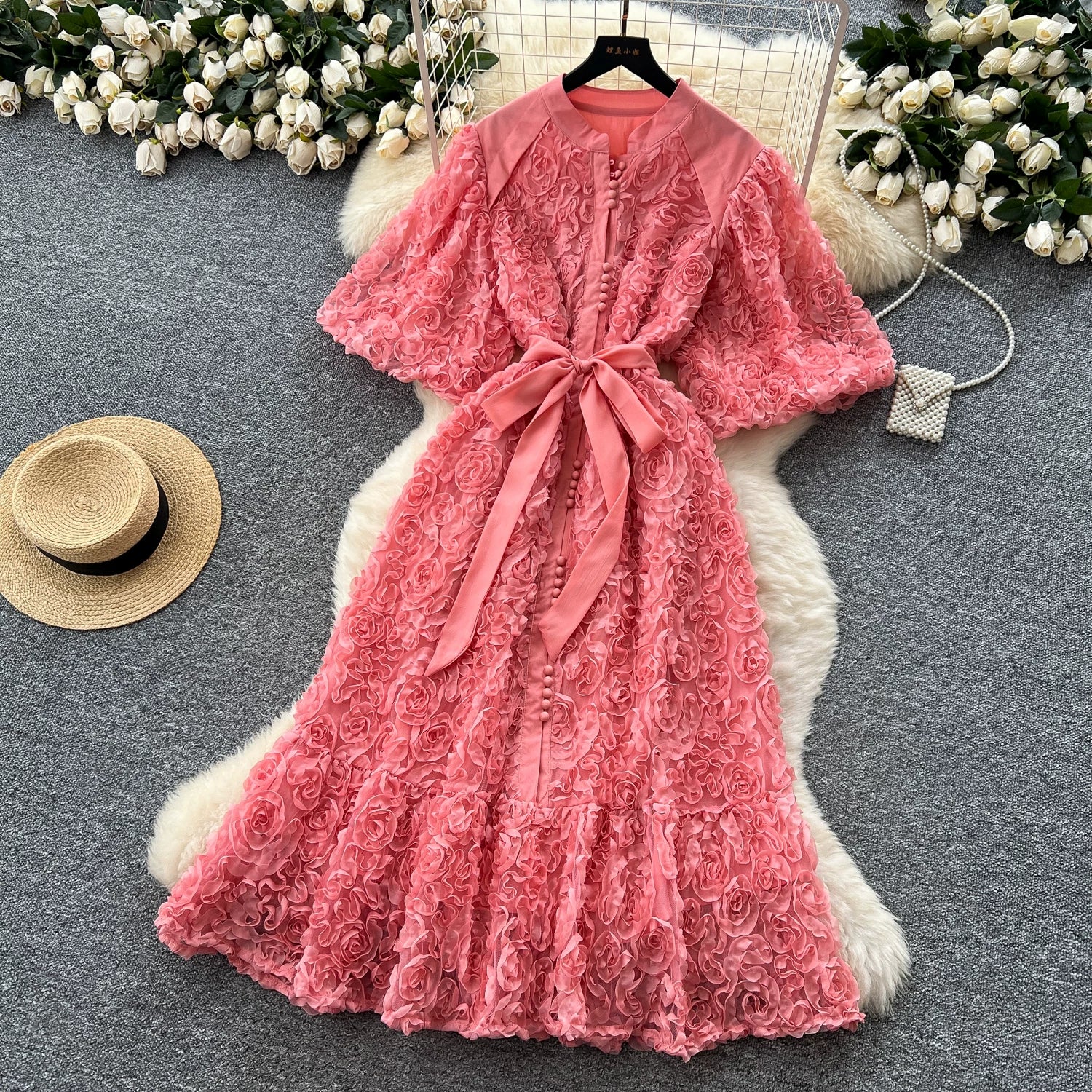 Luxury 3D Flower Formal Evening Dress Women Summer Single Breasted Loose Oversize Belt Lace Up Long Dresses Female Party Vestido