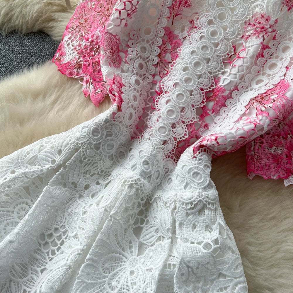 Designer Runway Summer White Flower Embroidery Evening Dress Women Short Sleeve Sexy Hollow Out Waist Long Vestidos Lace Dresses