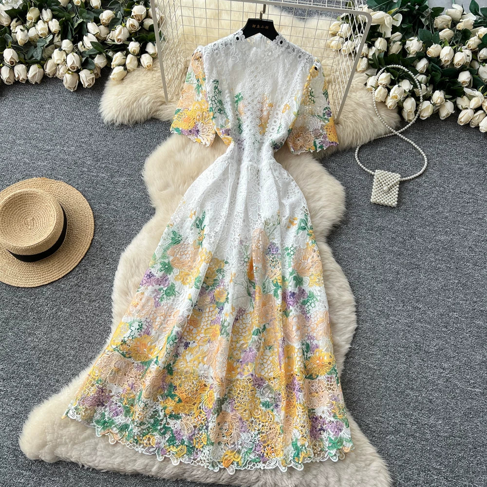 Designer Runway Summer White Flower Embroidery Evening Dress Women Short Sleeve Sexy Hollow Out Waist Long Vestidos Lace Dresses