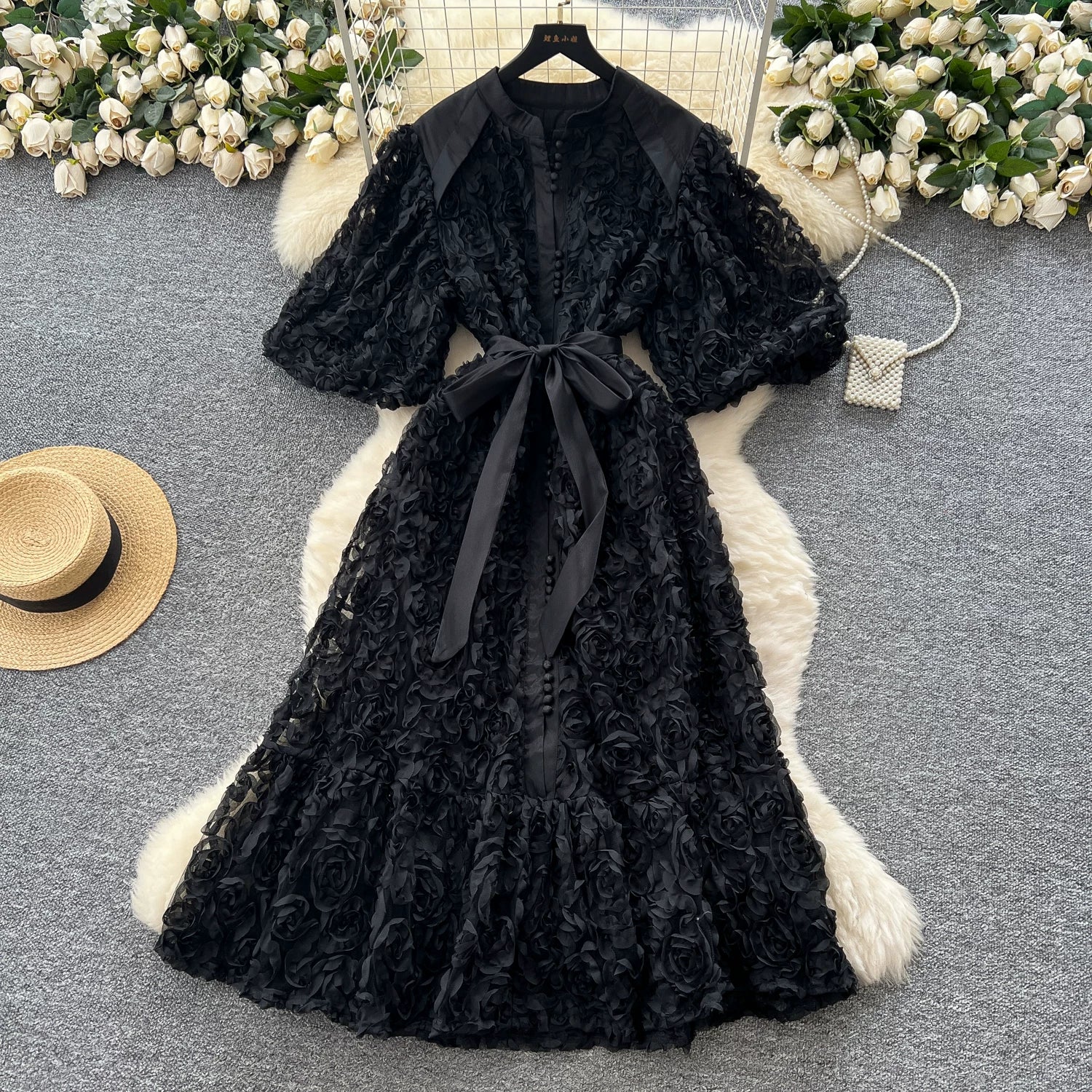 Luxury 3D Flower Formal Evening Dress Women Summer Single Breasted Loose Oversize Belt Lace Up Long Dresses Female Party Vestido