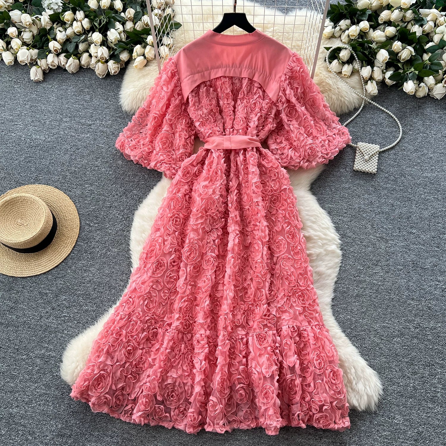 Luxury 3D Flower Formal Evening Dress Women Summer Single Breasted Loose Oversize Belt Lace Up Long Dresses Female Party Vestido