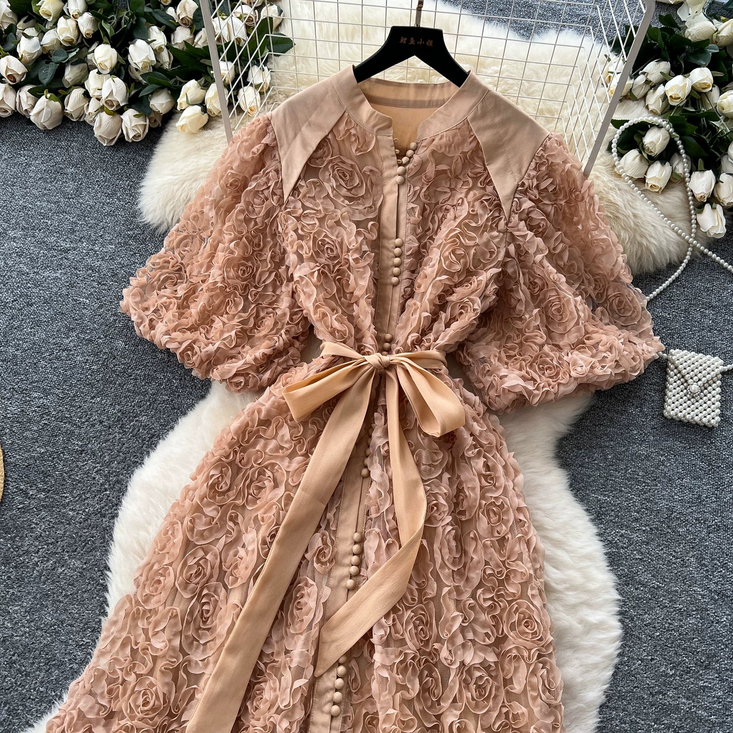 Luxury 3D Flower Formal Evening Dress Women Summer Single Breasted Loose Oversize Belt Lace Up Long Dresses Female Party Vestido