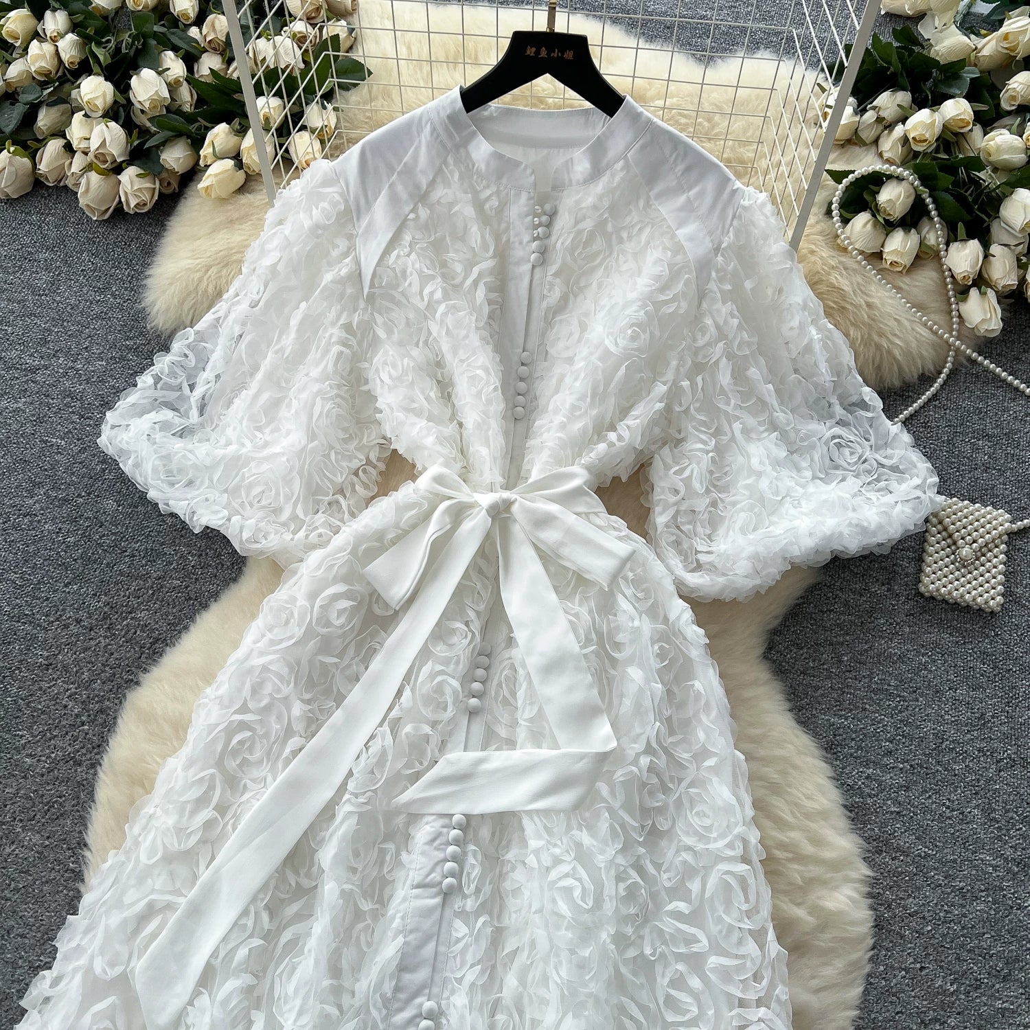 Luxury 3D Flower Formal Evening Dress Women Summer Single Breasted Loose Oversize Belt Lace Up Long Dresses Female Party Vestido