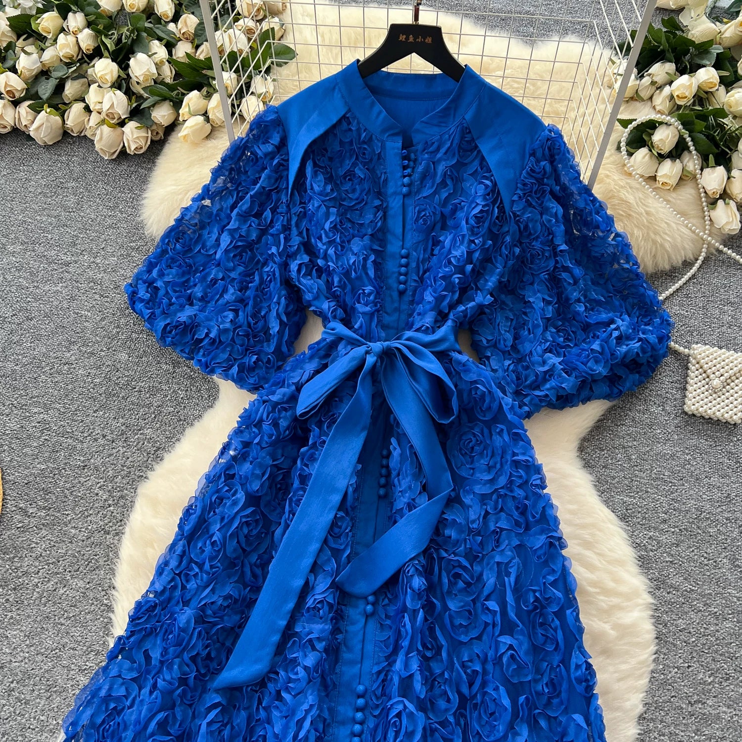 Luxury 3D Flower Formal Evening Dress Women Summer Single Breasted Loose Oversize Belt Lace Up Long Dresses Female Party Vestido