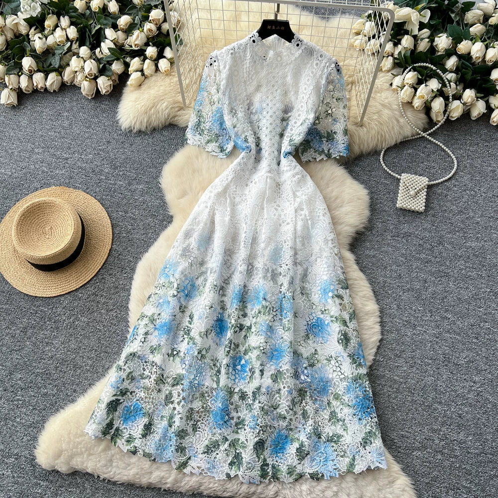 Designer Runway Summer White Flower Embroidery Evening Dress Women Short Sleeve Sexy Hollow Out Waist Long Vestidos Lace Dresses
