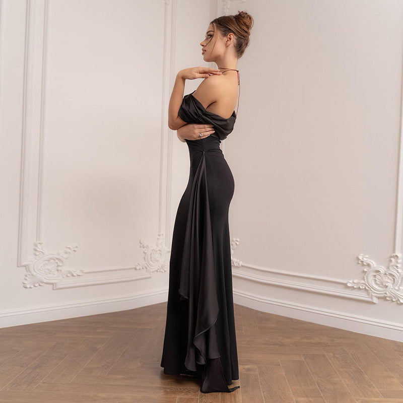 Intellectual and Elegant Satin Patchwork Asymmetrical Neck Off-Shoulder Strap Draped Waist Bodycon Evening Dress