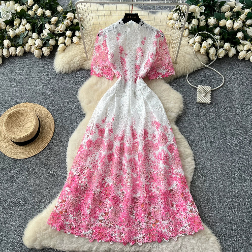 Designer Runway Summer White Flower Embroidery Evening Dress Women Short Sleeve Sexy Hollow Out Waist Long Vestidos Lace Dresses