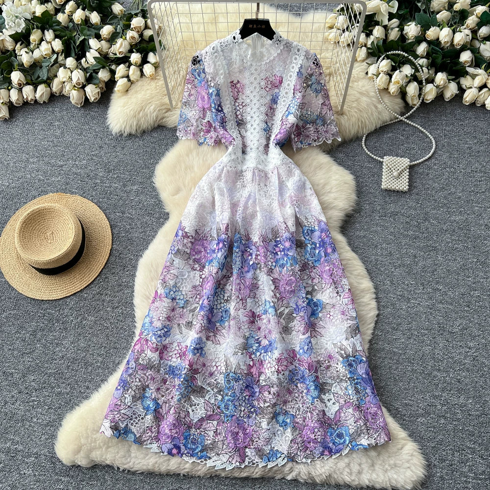 Designer Runway Summer White Flower Embroidery Evening Dress Women Short Sleeve Sexy Hollow Out Waist Long Vestidos Lace Dresses