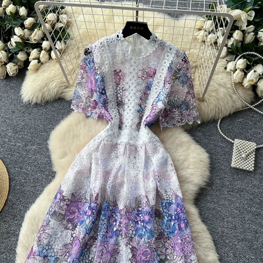 Designer Runway Summer White Flower Embroidery Evening Dress Women Short Sleeve Sexy Hollow Out Waist Long Vestidos Lace Dresses
