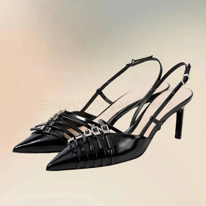 Pink Buckle Decor Hollow Cut Heel Pointed Toe Pumps Buckle Strap Women Shoes Thin High Heels Fashion 2025 Zapatos Para Mujere