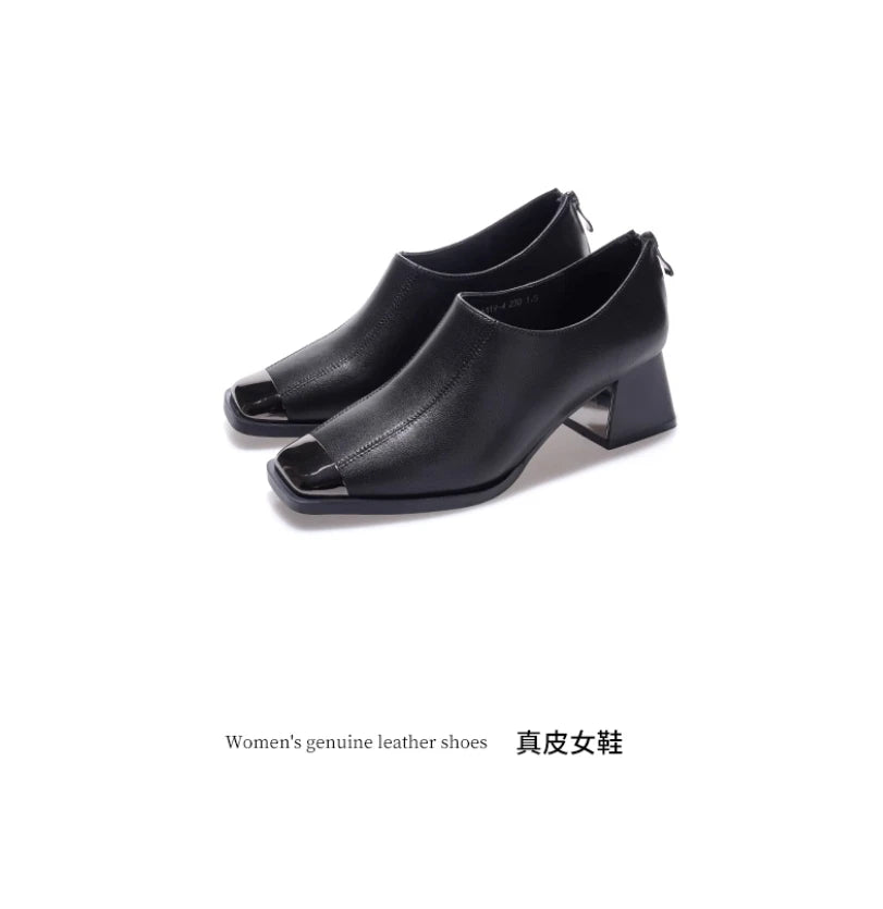 Deep mouth single shoe women's thick heel genuine leather middle heel women's soft leather soft sole square toe leather shoes