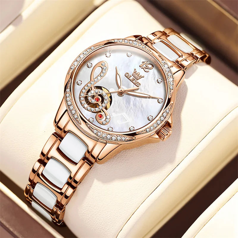 OLEVS Ceramic Diamond Women Watches Luxury Brand Musical Note Automatic Mechanical Watch Women Relogio Feminino Gift