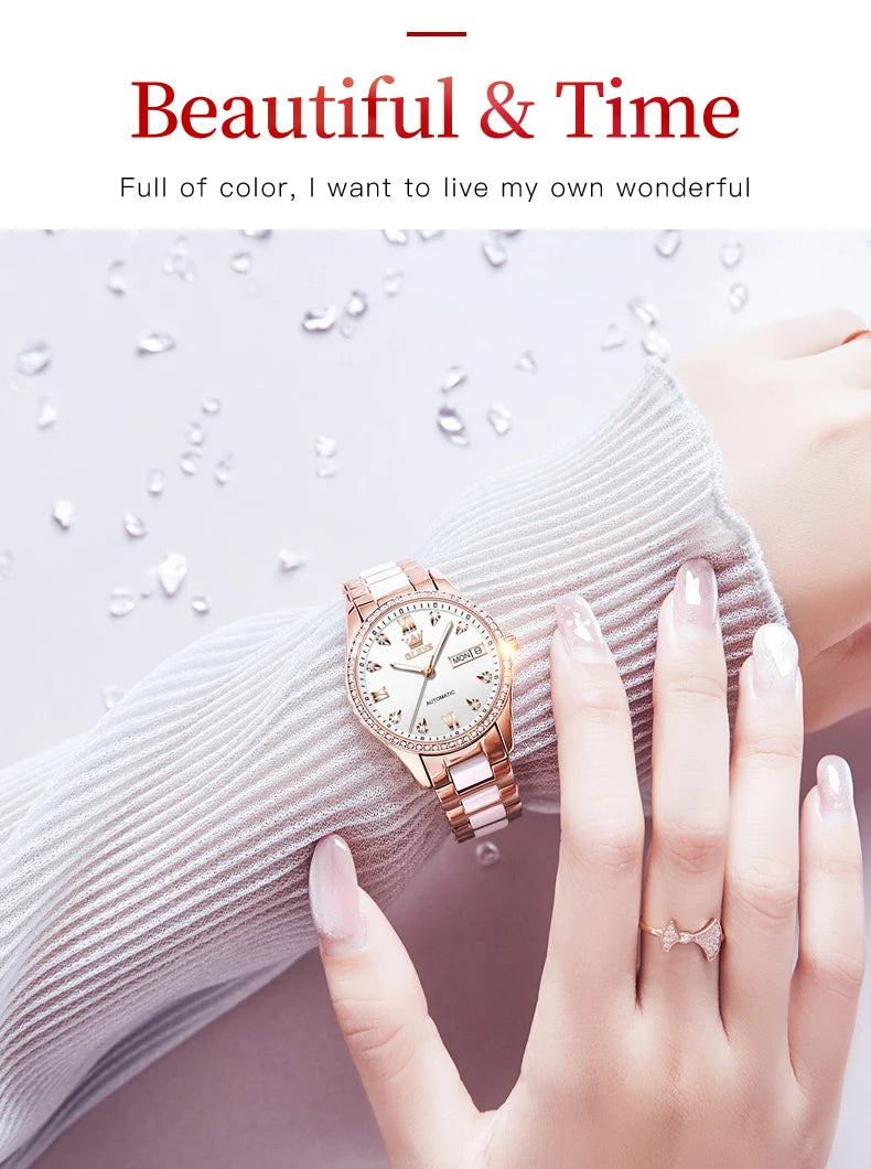 OLEVS Fashion Women Mechanical Watches Luxury Diamond Ceramic Strap Waterproof Luminous Week Calendar Automatic Watch For Women