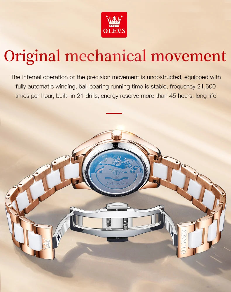 OLEVS Fashion Women Mechanical Watches Luxury Diamond Ceramic Strap Waterproof Luminous Week Calendar Automatic Watch For Women