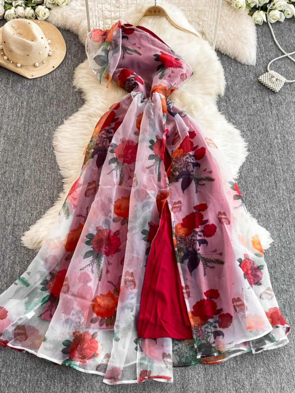 American Chic Maxi Dress for Women Floral Printed Skew Collar Sleeveless Female Dresses A-line Evening Club Vestidos Dropship